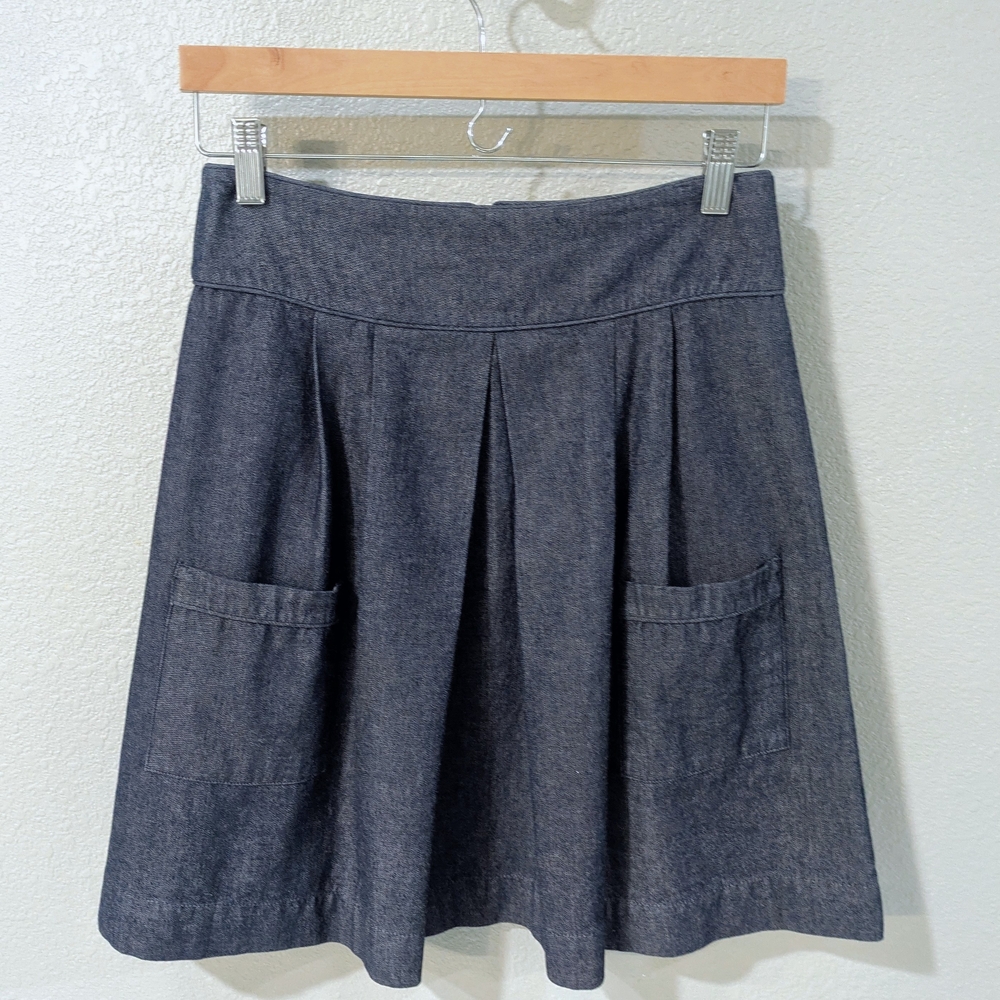 Kayce Hughes Casual Dark Gray-Blue Chambray Skirt with Front Pockets